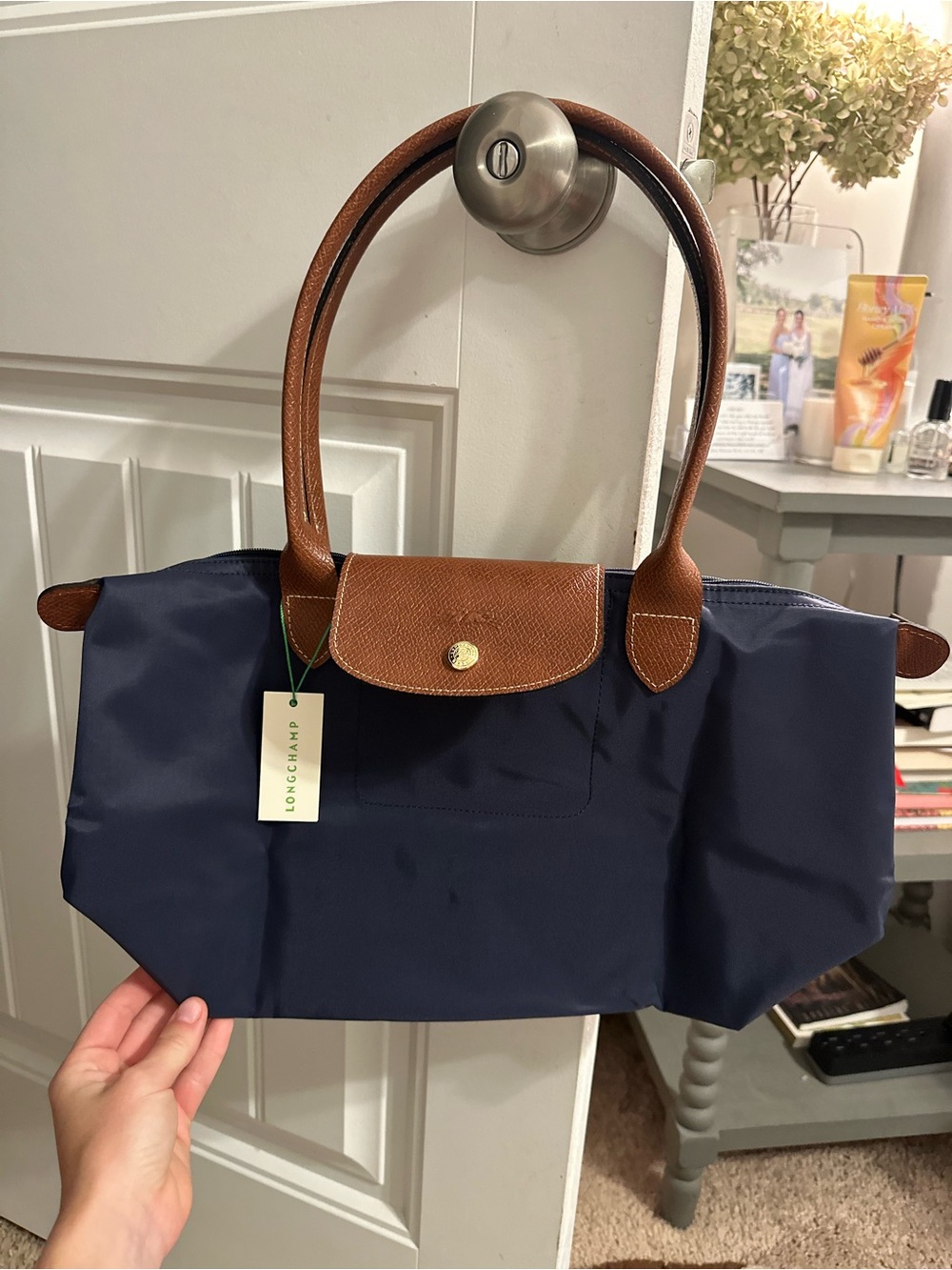 Longchamp Navy and Brown Small Tote with Leather Trim